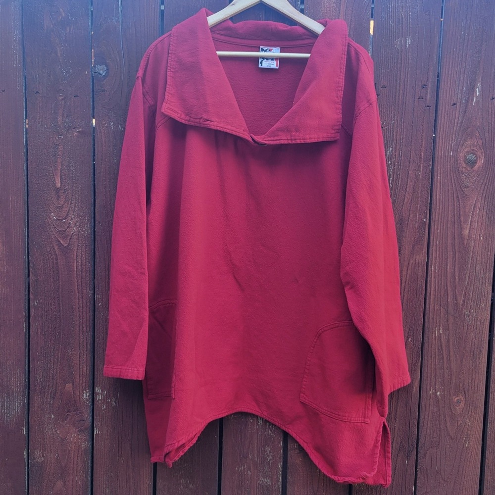 Drawstrings of Malibu Red Heavy Cotton Pullover Lagenlook Tunic 3XL Made in USA